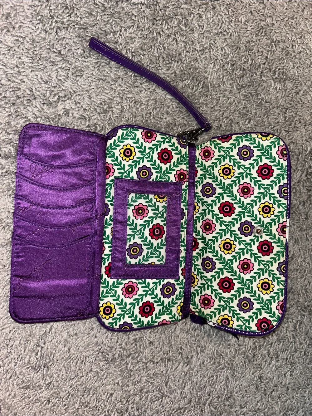 Vera Bradley Multicolor Floral Quilted Wristlet Wallet with Purple Trim